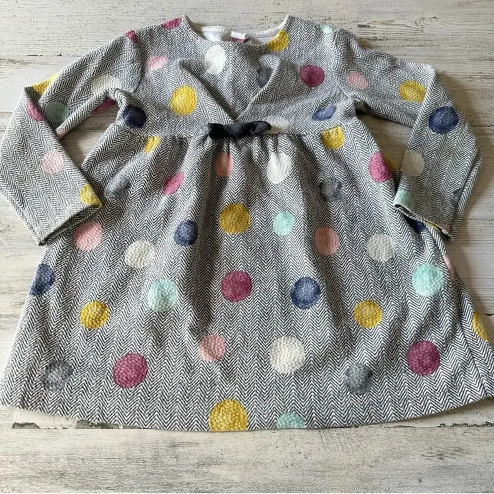 🍁 Zara Girls 6-9M Herringbone Polka Dot Lightweight Long Sleeve Dress Grey White